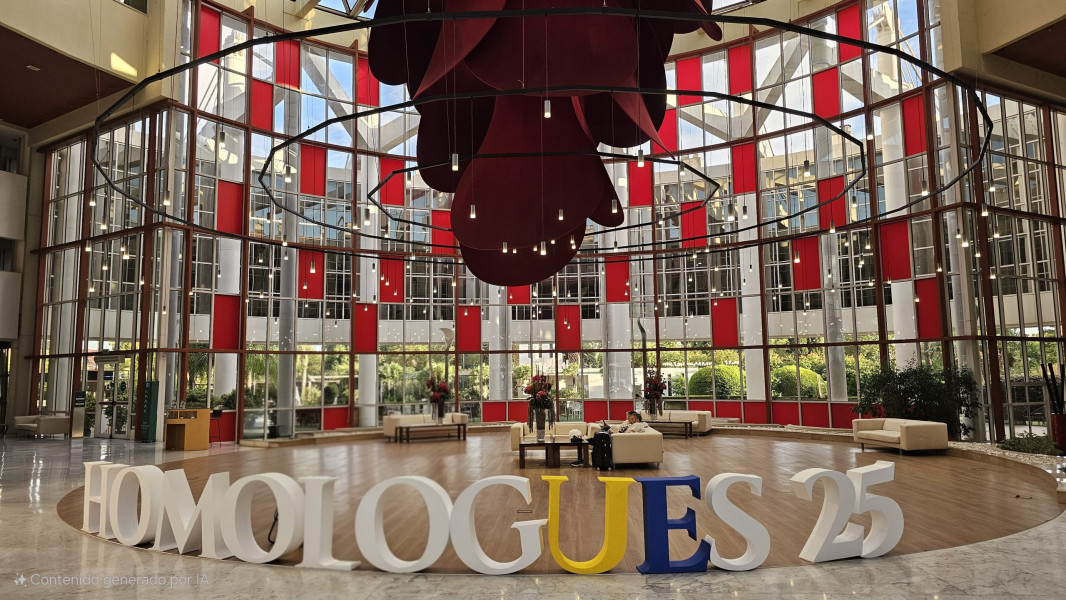 Foto do átrio com o nome do encontro em 3D